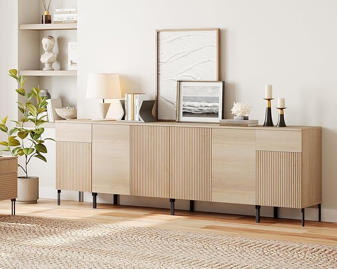 WAMPAT 94.5" Buffet Sideboard Cabinet with 2 Drawers & 6 Doors,4-in-1 Fluted Storage Credenza with Charging Station,Modern Buffet Table Coffee Bar Wine Bar Cabinet for Dining Room, Living Room,Beige
