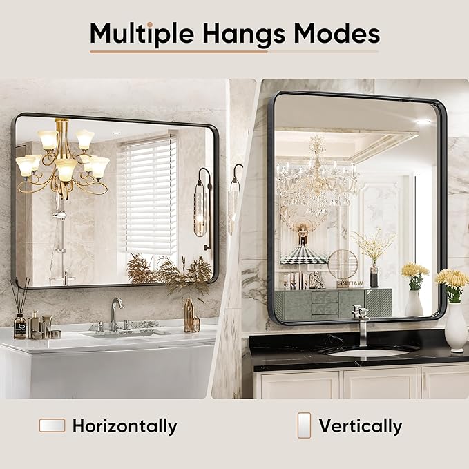 Sweetcrispy 22x30 Inch Black Bathroom Mirrors, Bathroom Mirrors for Over Sink, Rectangle Wall Decor for Entryway, Bedroom, Vanity,Anti-Rust, Horizontal or Vertical Hanging, Black