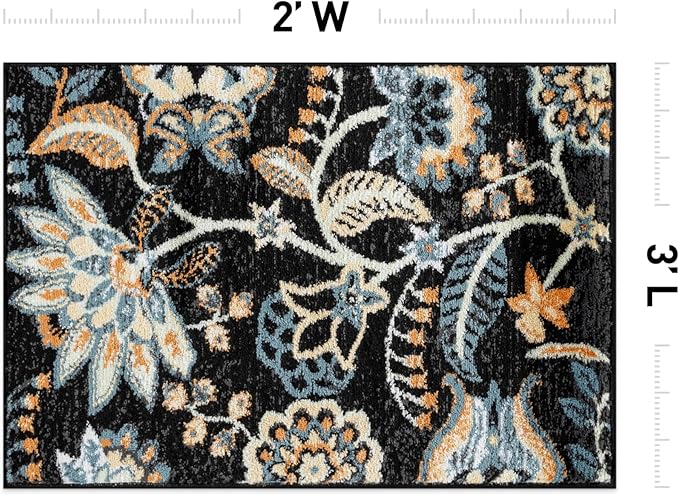 Rugshop Black Floral Area Rug 2x3 – Colorful Botanical Indoor Carpet for Living Room, Bedroom, or Dining Room – Soft Low-Pile, Non-Shedding Traditional Rug 2' x 3'