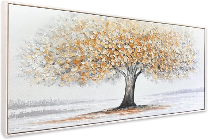 White Tree of Life Canvas Wall Art, Modern Abstract Textured Painting, Large Framed Panoramic Landscape Artwork for Living Room, Bedroom, Office, Home Decor 48"x24"