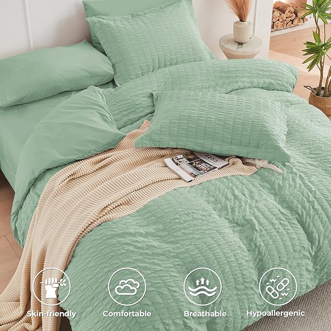 HYMOKEGE Sage Green California King Comforter Set Seersucker 7 Pieces, All Season Luxury Bed in a Bag for Bedroom, Bedding Set with Comforters, Sheets, Pillowcases & Shams