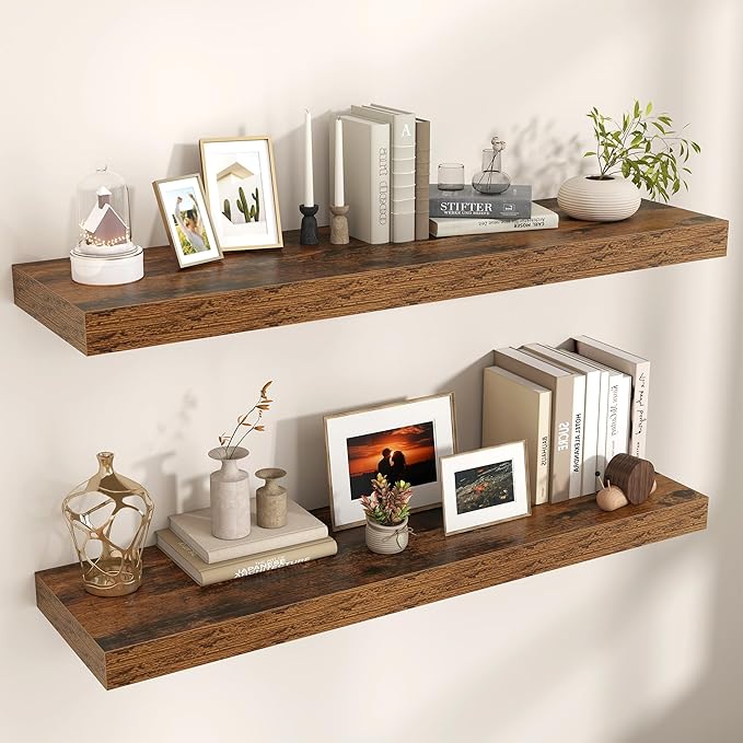 Floating Shelves for Wall, 48" W x 12" D x 2" H, 2 Pack of Long Wall Mounted Engineered Wood Shelves with Invisible Brackets for Living Room, Bedroom, Bathroom, Kitchen Decor, Brown