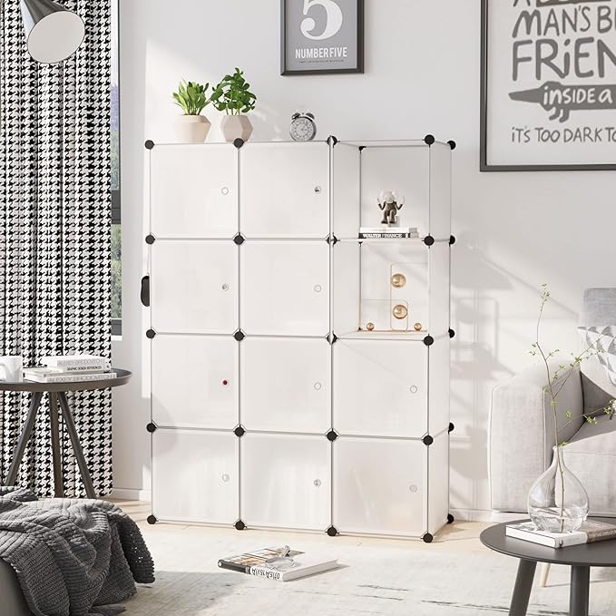 C&AHOME Cube Storage Organizer with Doors, 12-Cube Shelves, Closet Cabinet, DIY Plastic Modular Bookshelf Ideal for Home, Living Room, 36.6”L x 12.4”W x 48.4”H Transparent White USHS3012W-DOOR