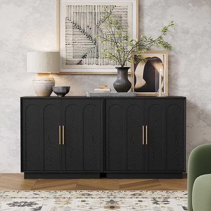 Sideboard Buffet Cabinet with Storage Set of 2, Mid Century Modern Accent Cabinet with Arched Doors, Modular Media Console, Credenza for Living Room Kitchen Dining Room Entryway, Black