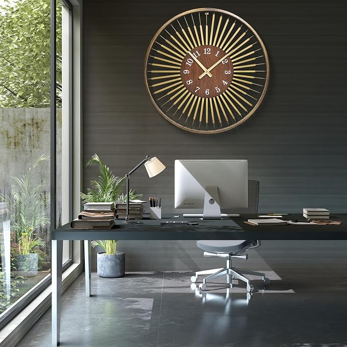 24 Inch Mid-Century Modern Wall Clock, Round Frame Metal Design with Walnut Wood Center, Silent Quartz Movement, Gold-Tone Accents – Decorative Wall Clock for Living Room, Bedroom, and Office