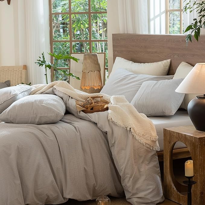 MooMee Wavy Striped Duvet Cover Set 100% Washed Cotton Linen Like Textured Breathable Durable Soft Comfy (Light Grey, Twin 68"x90")