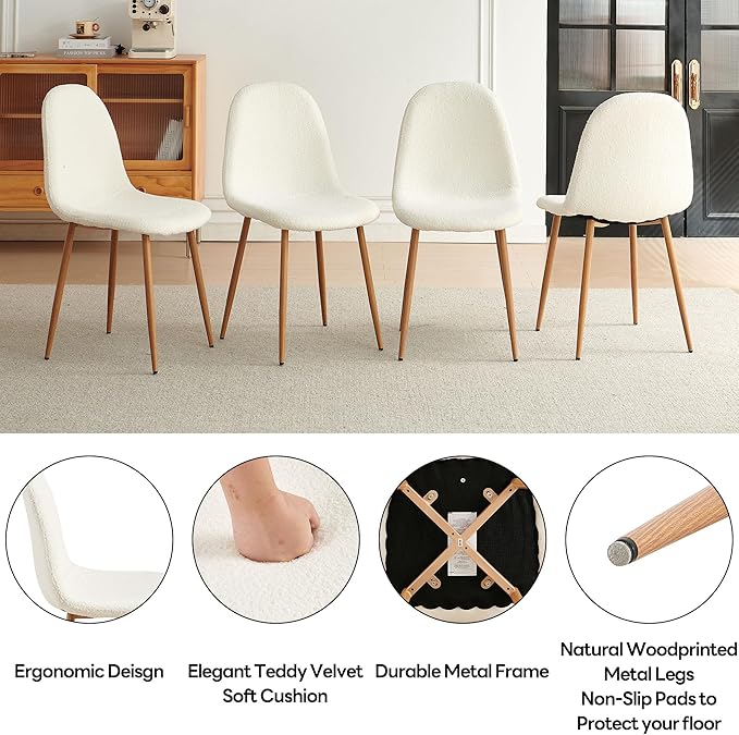 Faux Fur Dining Chairs Set of 4, Modern Upholstered Dining Room Chairs with Oak Look Foiled Steel Legs, Armless Kitchen Chairs for Living Room, White