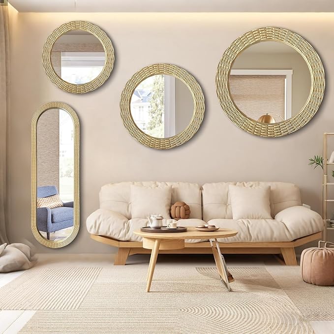 WAMIRRO Gold Round Wood Wall Mount Mirror, 24 Inch Hand Carved Solid Wood Frame Circle Mirror, Farmhouse Boho Decor for Living Room, Bathroom, Bedroom, Hallway & Entryway