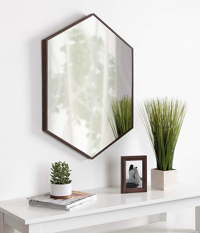 Kate and Laurel Rhodes Mid-Century Modern Hexagon Wall Mirror, Walnut Brown, 31x22-Inches