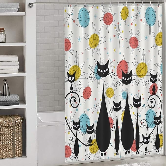 Mid Century Shower Curtain Christmas Tree Atomic Black Cat Aesthetic Patterned Duty Fabric Shower Curtains Set Bathroom Polyester Waterproof with 12 Hooks, 55x72Inch（140x183cm）