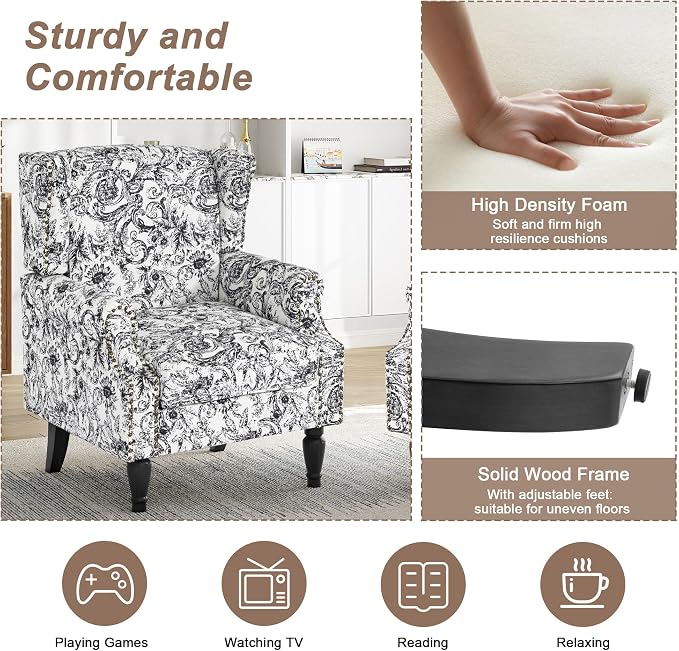 Pia Ricco Set of 2 Floral Accent Chairs, High Back Upholstered Armchairs with Retro Wingback Design, Nailhead Trim & Solid Wood Legs for Living Room Bedroom Home Office(Rococo Black)