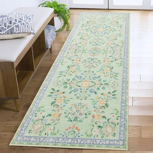 MUJOO Washable Runner Rug for Kitchen Hallways,2x6 Runner Rug Non Slip,Floral Carpet Runner for Bathroom Bedroom Laundry Floor,Long Mat Boho Indoor Vintage Low Pile Green
