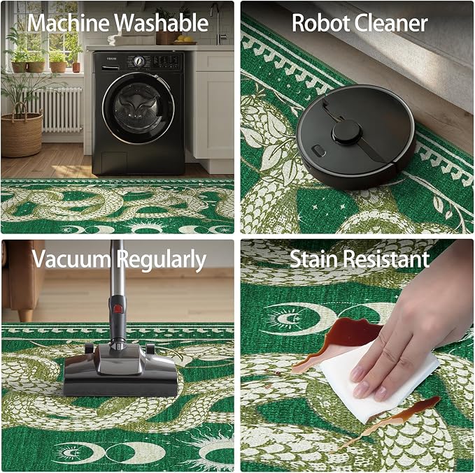 DCX Washable 2x6 Snake Runner Rug, Green Gothic Rug for Living Room, Soft Low Pile Carpet, Kid & Pet Friendly with Rubber Back Non Slip, Stain Resistant Rug for Bedroom Dining Room Office