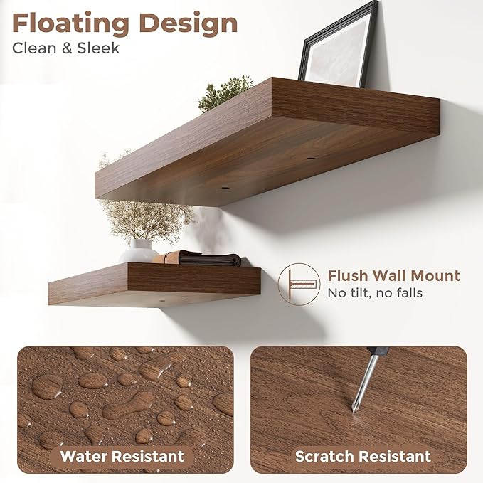 Marsmiles 12" Deep Floating Shelves for Wall with Invisible Brackets, Wall Mounted Engineered Wood Shelves with Wood Grain for Living Room, Bedroom, Kitchen Decor and Storage, 55" L Set of 1, Walnut