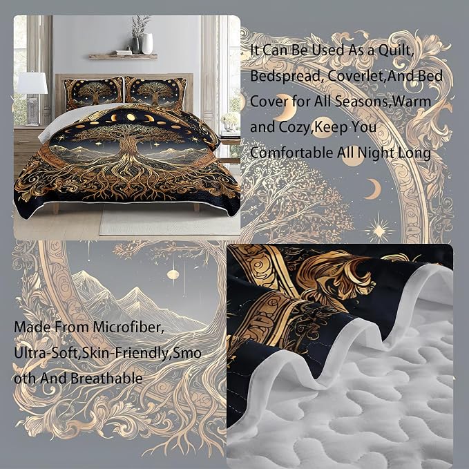 AILONEN Bohemian Tree of Life Queen Quilted Comforter Set 3 Piece, Dark Blue Celestial Bedspread Coverlet with 2 Pillowcases, Spiritual Night Sky Bedding for Master Bedroom