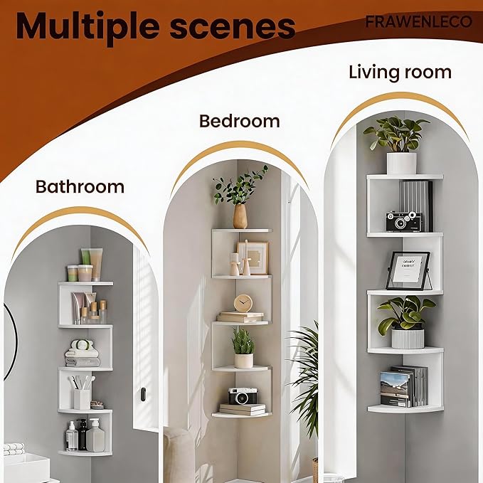 No-Drill Modern Corner Shelf Wall Mount, 5-Tier Floating Storage Rack, Corner Bookshelf with Hooks, Space-Saving Zigzag Plant Shelf for Bedroom, Living Room, Bathroom, Home Office(White)