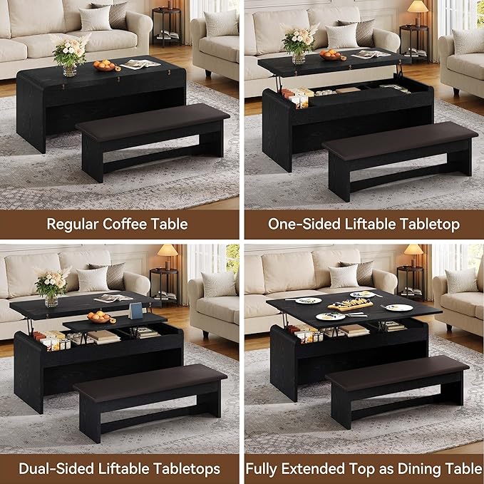 Coffee Table Lift Top, 40'' Multi-Function Coffee Table Set with Bench & Hidden Compartment, Center Table w/Curved Corner, Converts to Home Office Table, Dining Table for Living Room, Black