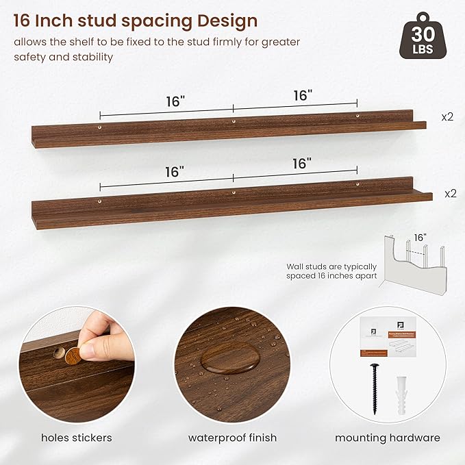 Axeman Picture Ledge Shelf | 48 Inch Walnut Floating Shelves Set of 4 | Rustic Wood Wall Shelves with Lip | 48" Walnut Picture Shelves for Wall with Ledge | Photo Shelves