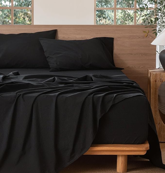 MooMee Bedding Sheet Set 100% Washed Cotton Linen Like Textured Breathable Durable Soft Comfy (Solid Black, Twin)