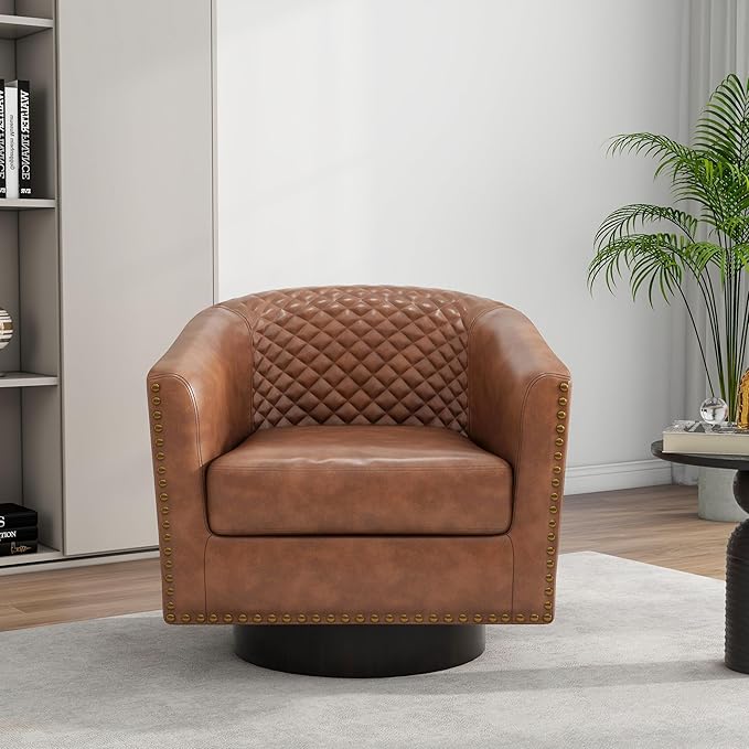 Swivel Barrel Accent Chair, Comfy Modern Upholstered Round Faux Leather Arm Chair for Living Room, Bedroom（Brown, Set of 2