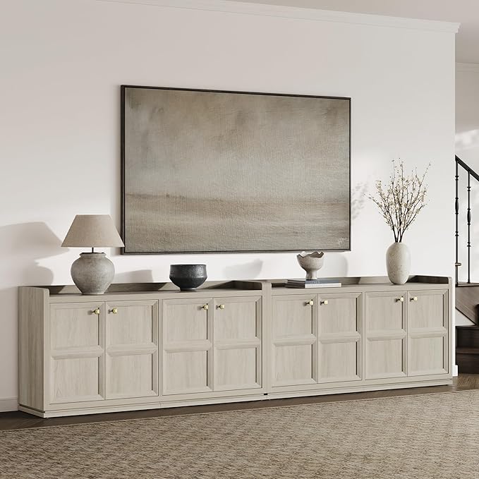 SICOTAS 4-Door Buffet Cabinet - 123" Extra Long Sideboard with 4 Separate Bays & Adjustable Shelves, Modern Credenza Storage Cabinet with Gold Handles for Kitchen Living Room, Grey White Oak, 2 PCS