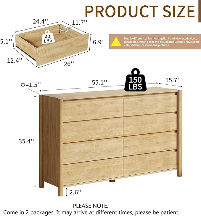 CHUWELL Dresser for Bedroom，55" Wide Mid Century Chest of Drawers with 8 Large Storage Space and 4 Solid Wood Cylindrical Legs,8 Drawer Large Dresser for Bedroom(Oak)
