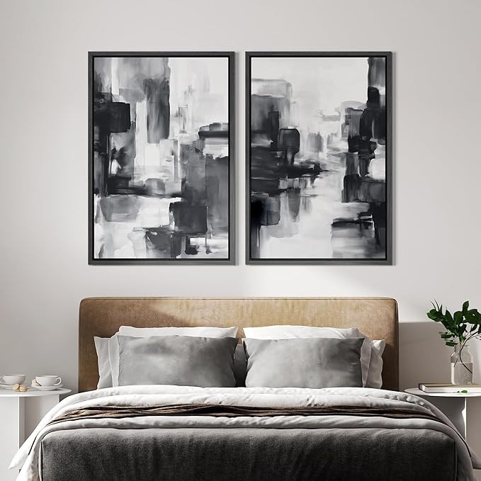 IDEA4WALL Framed Canvas Print Wall Art Set Black and White Urban Abstract Bold Monochrome Brushstroke Illustrations Modern Art Decorative Calm/Zen for Living Room, Bedroom, Office - 16"x24"x2 Black