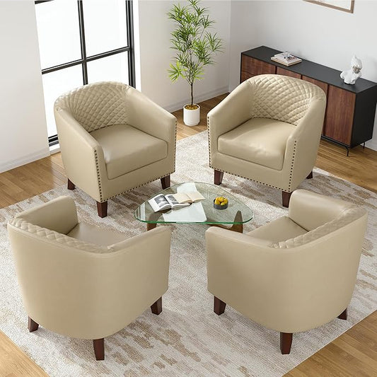 UIXE Faux Leather Barrel Accent Chairs Set of 4, Modern Club Upholstered Arm Chair, Comfy Armchair Nailed Trim Living Room Single Sofa Reading Seat Bedroom Side Sitting for Office, Beige