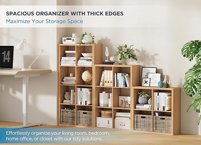 4 Cube Storage Organizer, Cubby Storage Shelf, 2x2 Cube Bookshelf, Wooden Organizer Shelf with Thickened Boards, for Closet Bedroom Home Living Room, 25.12" L x 9.37" W x 25.12" H, Natural-Oak