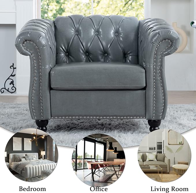 Yoglad Faux Leather Accent Chair, Retro Style Armchair with Rolled Arms, Comfy Single Sofa with Wood Legs and Nailhead for Living Room, Bedroom, Apartment (Grey, 39")