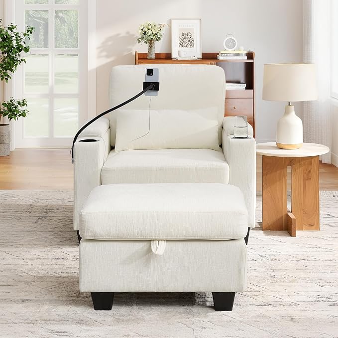 Small Chaise Lounge Chair Indoor with Ottoman&Adjustable Backrest,Chenille Tufted Recliner Comfy Sofa Chair with USB,Phone Holder&Storage Arms,Convertible Sleeper Couch Bed for Living Room(37"W,Beige)