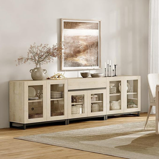 WAMPAT 3 in 1 Modern Sideboard with Adjustable Shelves and Drawer,Storage Cabinet with Glass Doors, Coffee Bar Cabinet for Living Room, Kitchen, Light Oak