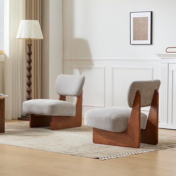 Accent Chairs Set of 2, Mid-Century Modern Chair with Polyester Upholstery, Wood Base with Walnut Finish, Minimalist and Stylish Accent Seating for Living Room, Bedroom, Balcony (Walnut+Gray)