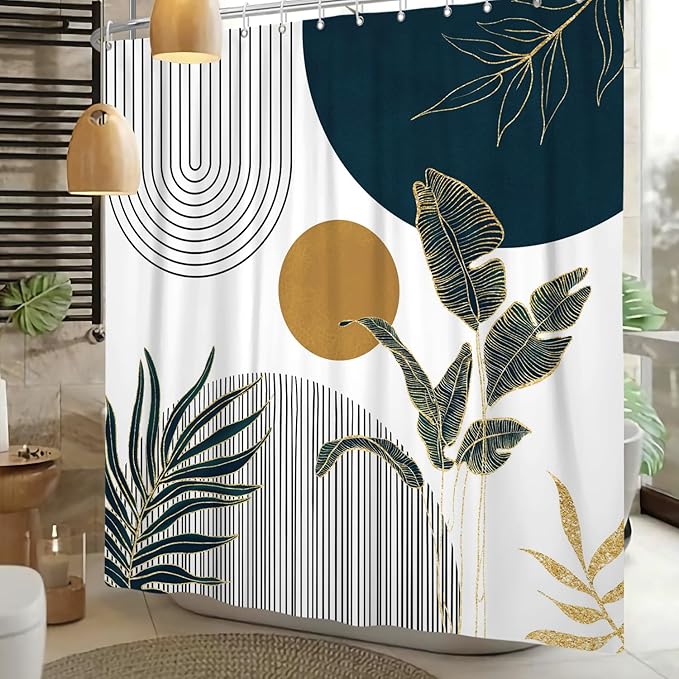 Mid Century Boho Shower Curtain, Abstract Modern Sun Minimalist Aesthetic Shower Curtain, Bohemian Geometric Arch Curve Leaves Neutral Art Fabric Bathroom Curtains Blue 72x78 inch