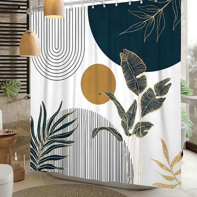 Mid Century Boho Shower Curtain, Abstract Modern Sun Minimalist Aesthetic Shower Curtain, Bohemian Geometric Arch Curve Leaves Neutral Art Fabric Bathroom Curtains Blue 72x84 inch