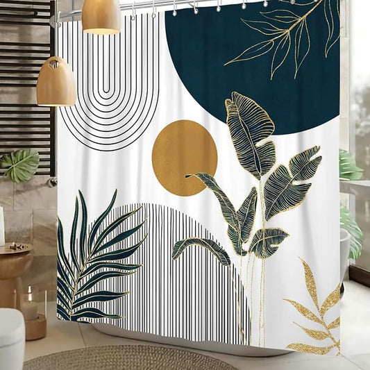 Mid Century Boho Shower Curtain, Abstract Modern Sun Minimalist Aesthetic Shower Curtain, Bohemian Geometric Arch Curve Leaves Neutral Art Fabric Bathroom Curtains Blue 72x84 inch