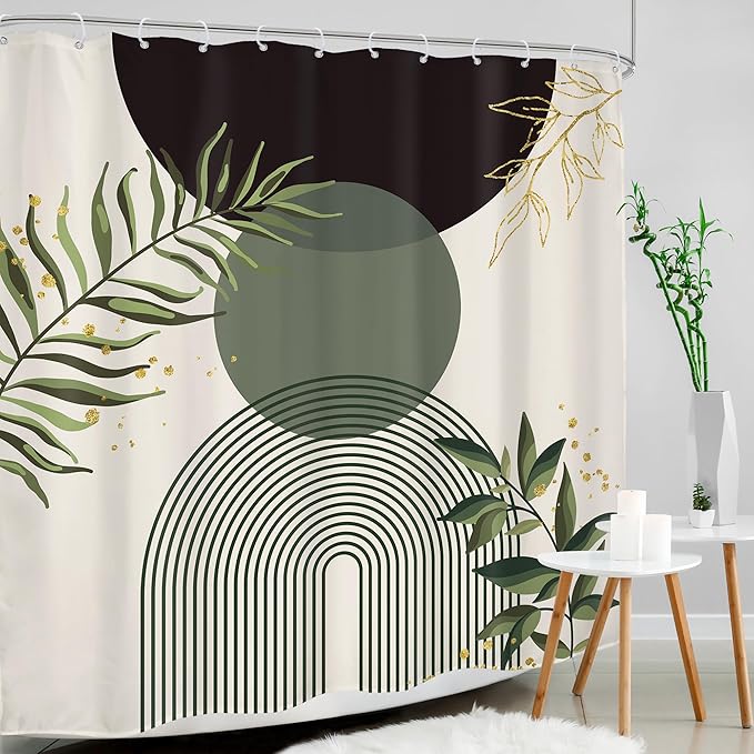 Dark Green Boho Shower Curtain 72Wx84H Extra Long Black Green Modern Bohemian Abstract Plant Leaves Bathroom Decor Minimalist Geometric Neutral Bath Curtain Fabric Polyester 12 Pack Hooks