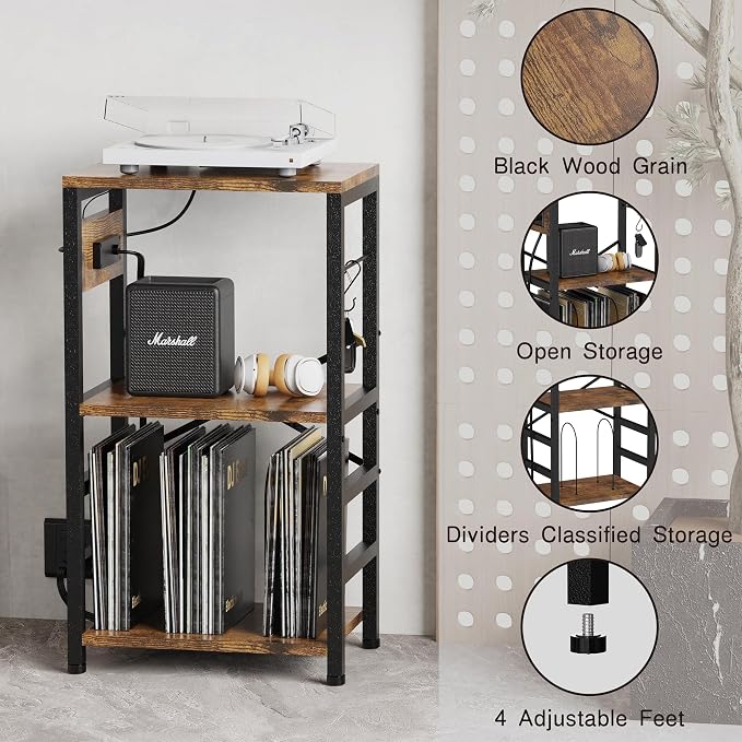 YAKANJ End Table with LED Light,Record Player Stand with Charging Station,Vinyl Records Storage,Turntable Stand Albums Storage for Music Room Studio-Modern Brown