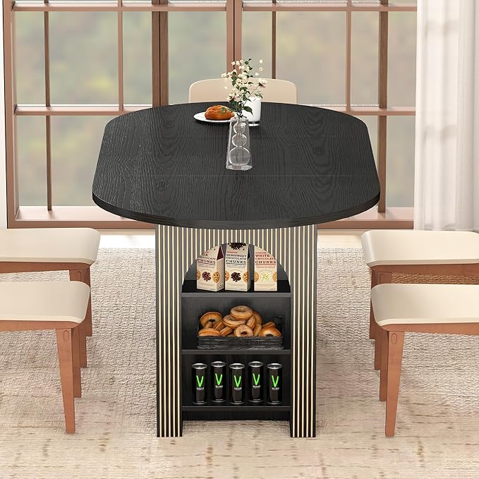 70.8" Oval Dining Table with Dual Side Storage Shelves, Wooden Table for 4–6 People, Modern Farmhouse Round Dinner Table for Kitchen, Reception, or Living Room (Black, Table Only)