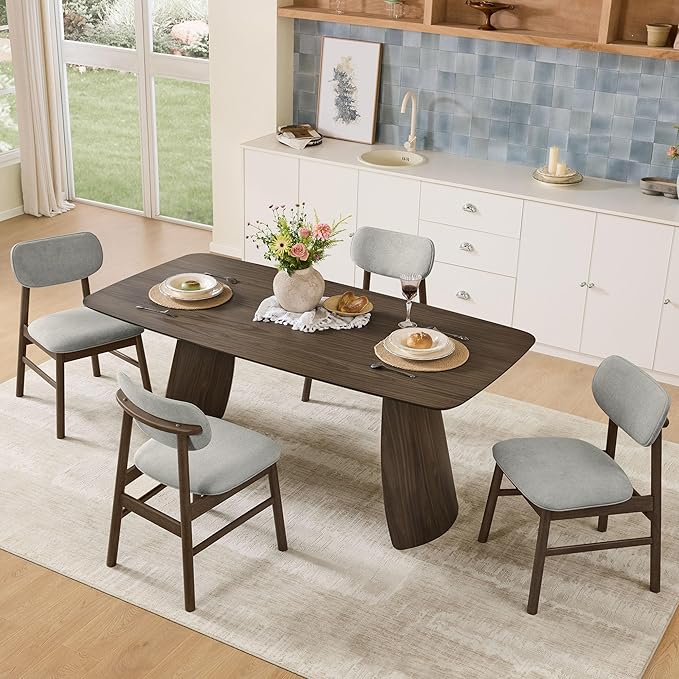 CHITA 71" Modern Dining Table for 6, Rectangle Wood Kitchen & Dining Room Table, Solid Rubberwood Frame, Bentwood Legs, Walnut Venner