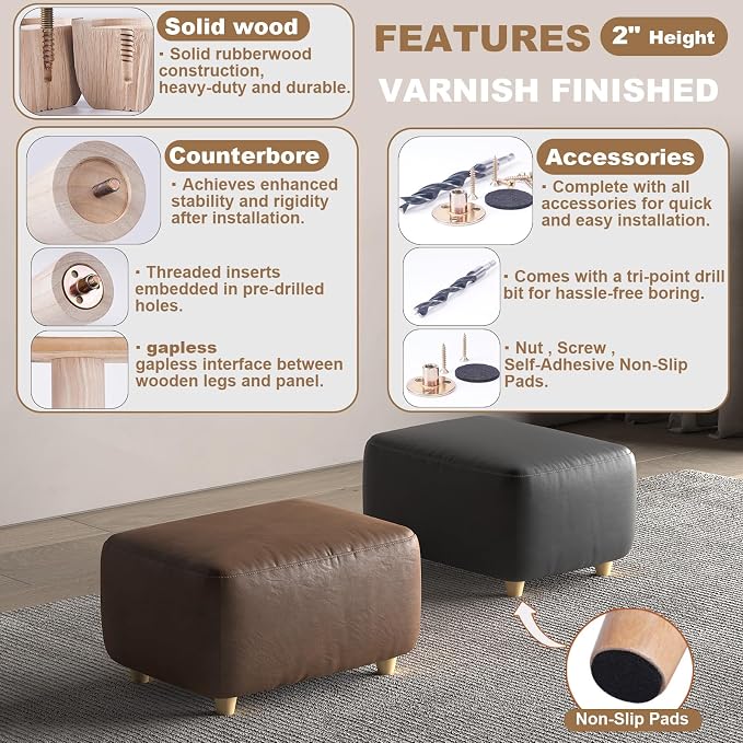 2 Inch Small Wood Furniture Legs Set of 4 - Short Solid Wooden Couch Legs Ottoman Legs, Mini Feet for Sofa,Cabinet,Drsser,Side Table - Varnished Finish