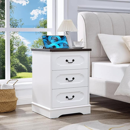 LIDYUK 3 Drawer Dresser for Bedroom Farmhouse White Wood Chest of Drawers Bedroom Dresser with Charging Station, Rustic Small Drawers Dressers Nightstand Wooden Closet Storage Cabinet, Living Room