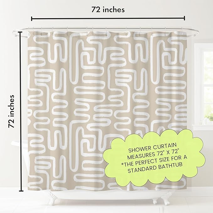 Linen Beige White Abstract Print Shower Curtain - Boho Pattern - Modern Minimalist Home Decor - Neutral Scandi Style Fabric Shower Curtain For Any Bathroom - 72x72 Inches (Linen Lines)
