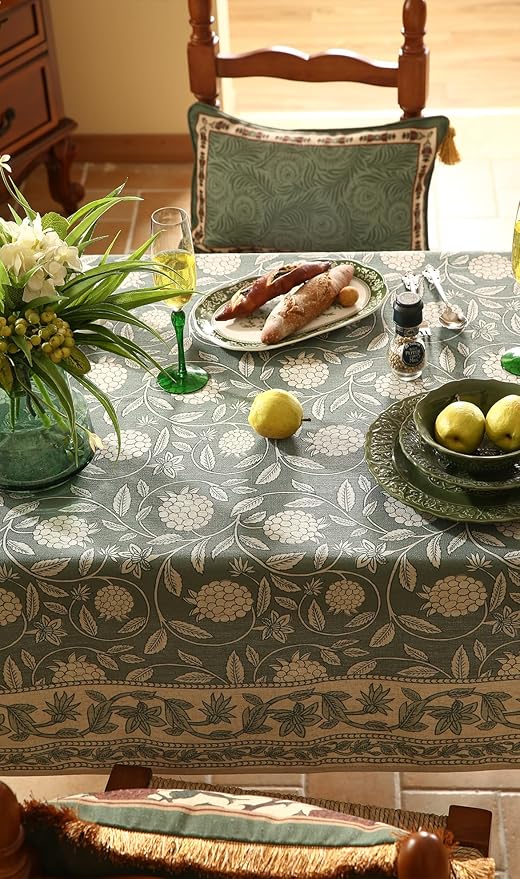 ISAENNE Designer Grayish Green Linen Extra Long Tablecloth Rectangle,Floral Stain Resistant Table Cloth,Fall Vintage Decor Tablecloths for Dining Thanksgiving Kitchen,63"*110"-Andrew A