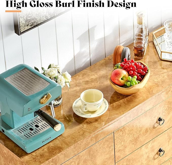 AMERLIFE 60" High Gloss Burl Buffet Sideboard Storage Cabinet, Large Wood Sideboard with Drawers, Retro Handles, Heavy Duty Coffee Wine Bar Buffet Table for Dining Room, Living Room, Yellow