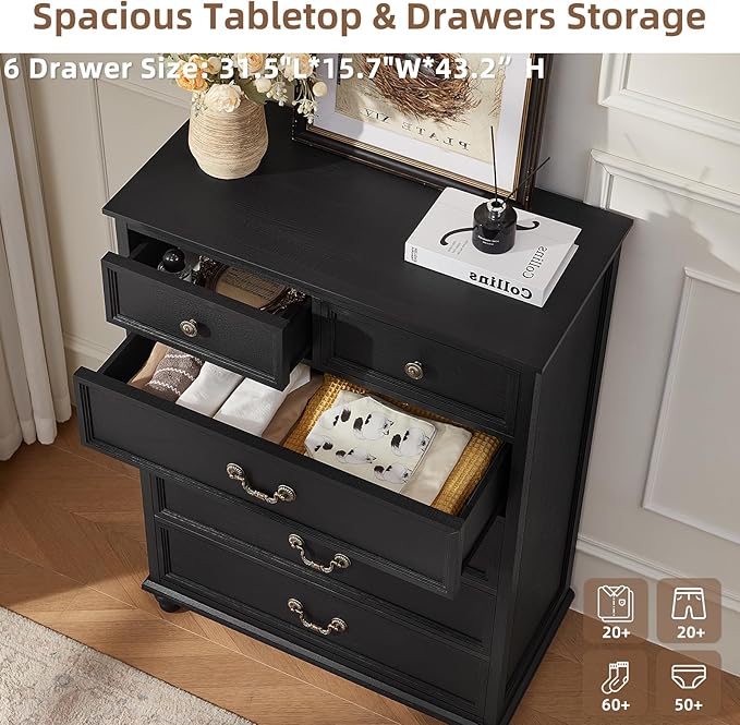 Farmhouse 6 Drawer Dresser for Bedroom, 42" Tall Rustic Chests of Drawers w/ 4 Solid Wood Feet, Mid Century Modern Wooden Closet Storage Dressers Organizer for Living Room, Hallway,Black