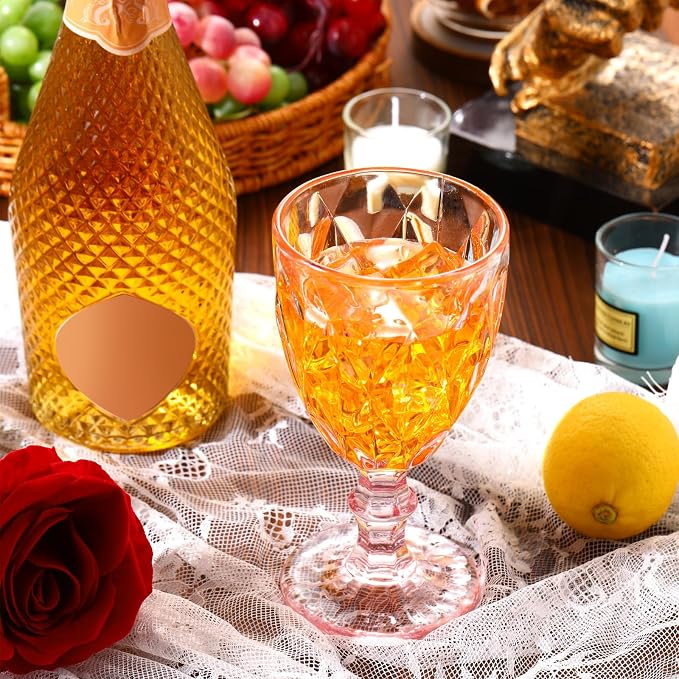 Yinder Glass Goblet Vintage Wine Goblet Embossed Glassware 10 oz Solid Color Glass Stemmed Cups for Iced Tea Beverage Soda Juice Water Liquor and Party Wedding Bars Restaurants(Pink,6 Pack)