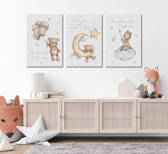 3Pcs Teddy Bear Wall Art Cute Little Bears Wall Decor Slepping Teddy Bears Posters Prints Moon Star Cloud Neutral Nursery Canvas Pictures for Kid's Room or Bedroom Painting Framed
