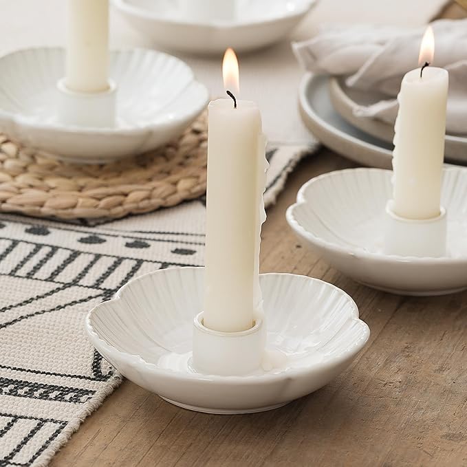 Ceramic Candlestick Holder， Candle Holder for Taper Candles,Incense, Santo Palo, Halloween Christmas Wedding Parties, Dining Room Home Decoration Display - White