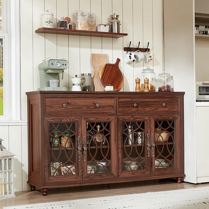 Large Sideboard Buffet Cabinet with Storage,59" Credenza with 4 Glass Doors & 2 Drawers,Adjustable Shelves Coffee Bar,Wood Kitchen Console Table for Dining Room,Living Room,Brown